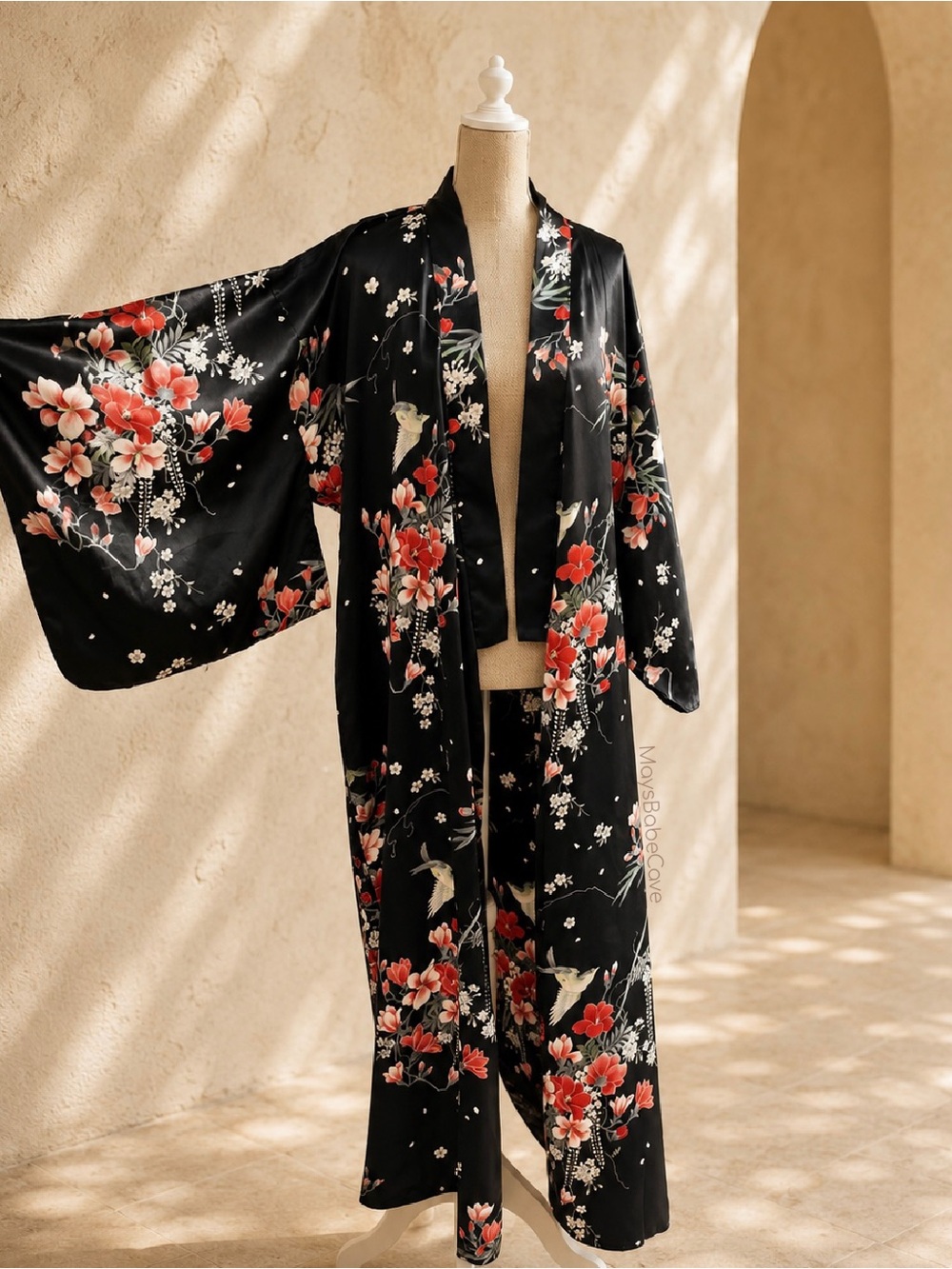 Vintage Made in Japan Black Floral Satin Kimono Robe